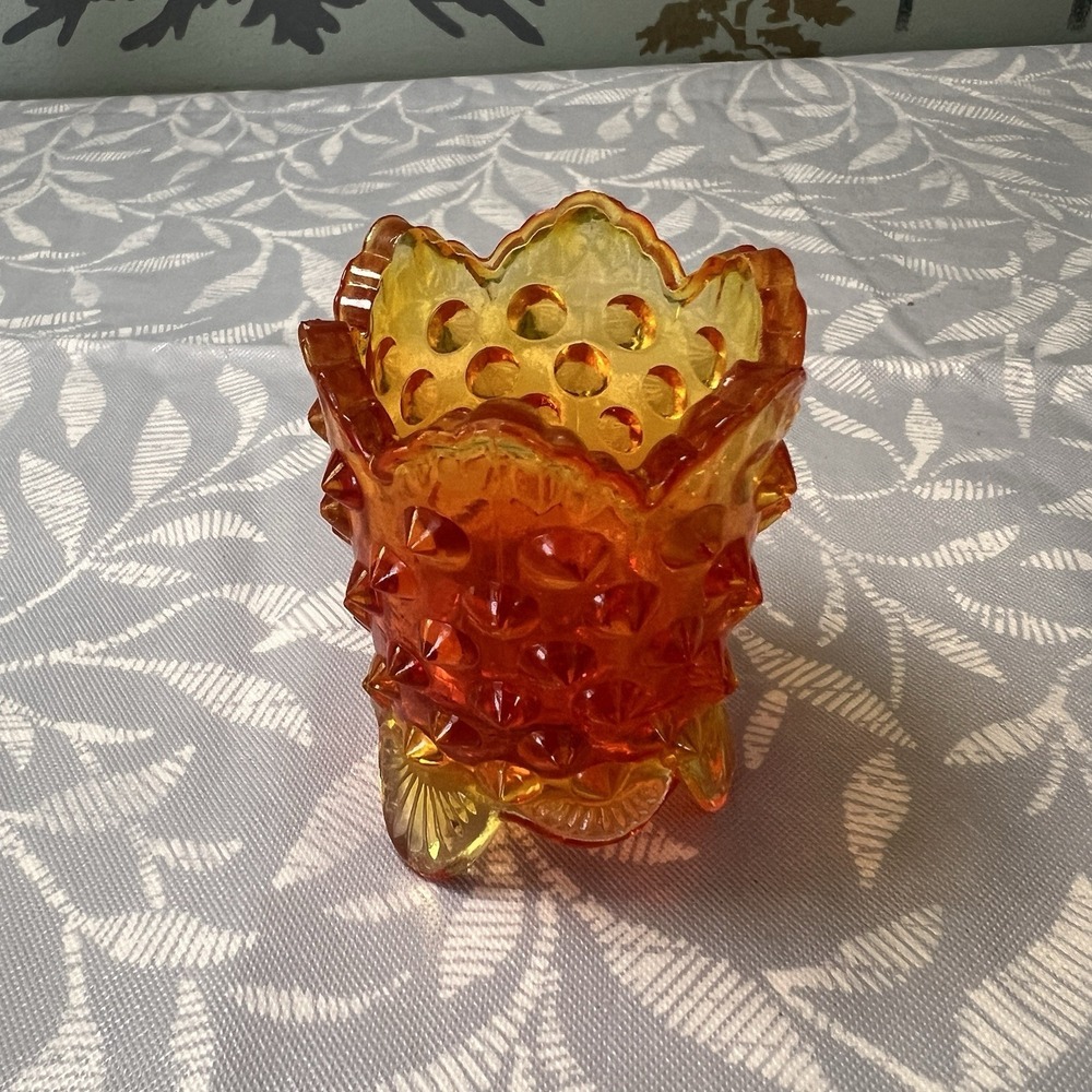 Vintage Fenton Amberina Hobnail Glass Footed Toothpick Holder – Orange-Red, 3"